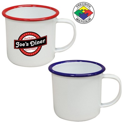 12 Oz. White Enameled Steel Cup with Blue Halo (Screen Printed)