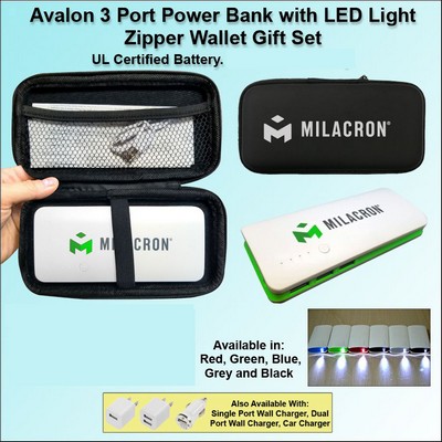 Avalon 3 Port Power Bank with LED Light 8000 mAh - Green No Extra Tariff