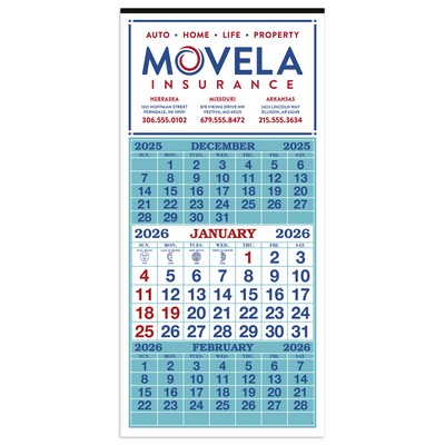 3-Month Display 12-Sheet Calendar