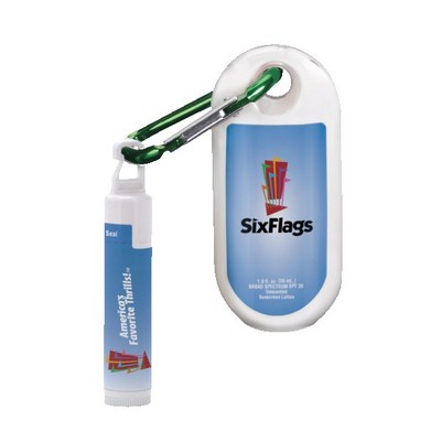1.9 oz SPF 30 Sunscreen with Carabiner and SPF 15 Lip Balm in White Tube with Hook Cap