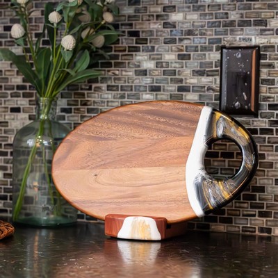 Oval Acacia Board w/ Holder 14"