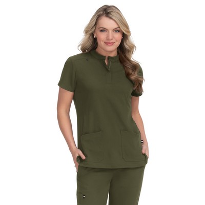 koi - Next Gen - Women's Four-Pocket Zipper-Neck Mandarin Collar Driven Top