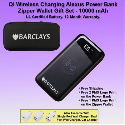 Qi Wireless Charging Alexus Power Bank Zipper Wallet Gift Set 10000 mAh - Black No Extra Tariff