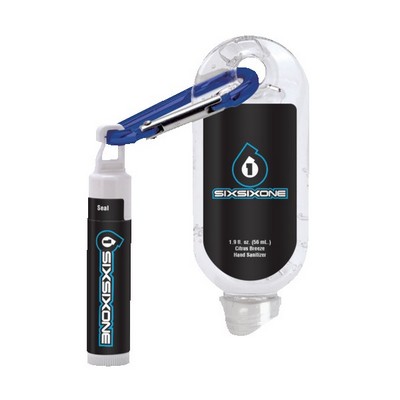 1.9 oz Clear Sanitizer with Carabiner attached to SPF 15 Lip Balm