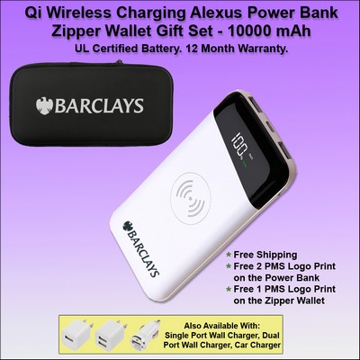 Qi Wireless Charging Alexus Power Bank Zipper Wallet Gift Set 10000 mAh - White No Extra Tariff