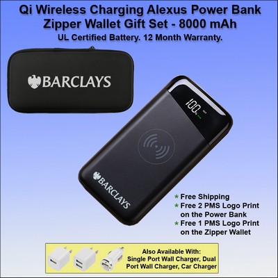 Qi Wireless Charging Alexus Power Bank Zipper Wallet Gift Set 8000 mAh - Black No Extra Tariff