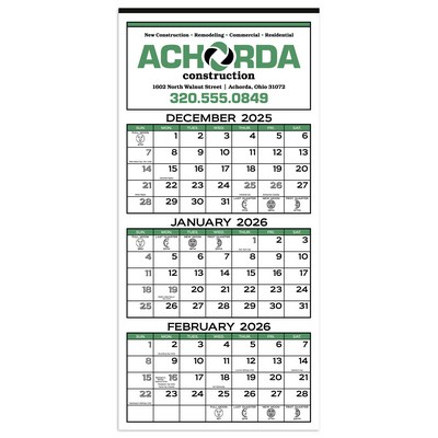 3-Month Display 12-Sheet Calendar