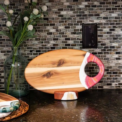 Oval Acacia Board w/ Holder 14"