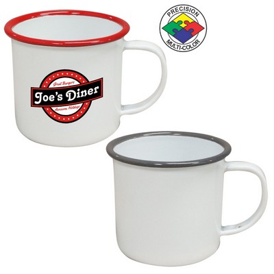 12 Oz. White Enameled Steel Cup with Gray Halo (Screen Printed)