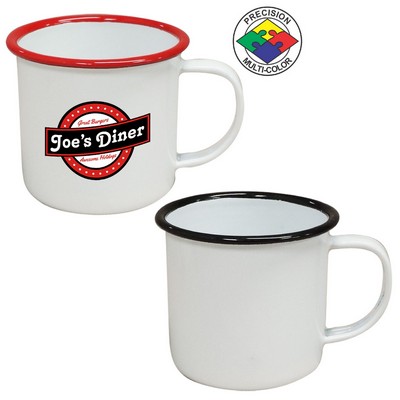 12 Oz. White Enameled Steel Cup with Black Halo (Screen Printed)