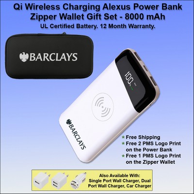 Qi Wireless Charging Alexus Power Bank Zipper Wallet Gift Set 8000 mAh - White No Extra Tariff