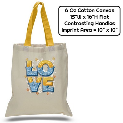 Value 6 oz Cotton Canvas Tote Bag - Contrasting Handle - 15"W x16"H x 21"Ha