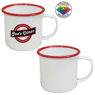 12 Oz. White Enameled Steel Cup with Red Halo (Screen Printed)