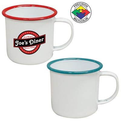 12 Oz. White Enameled Steel Cup with Teal Halo (Screen Printed)