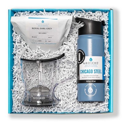 Steep and Go Tea Gift Basket-ABERDEEN Small Easy Pour TeaSteeper CHICAGO STEEL 16oz Insulated Bottle